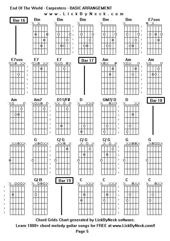 Chord Grids Chart of chord melody fingerstyle guitar song-End Of The World - Carpenters - BASIC ARRANGEMENT,generated by LickByNeck software.